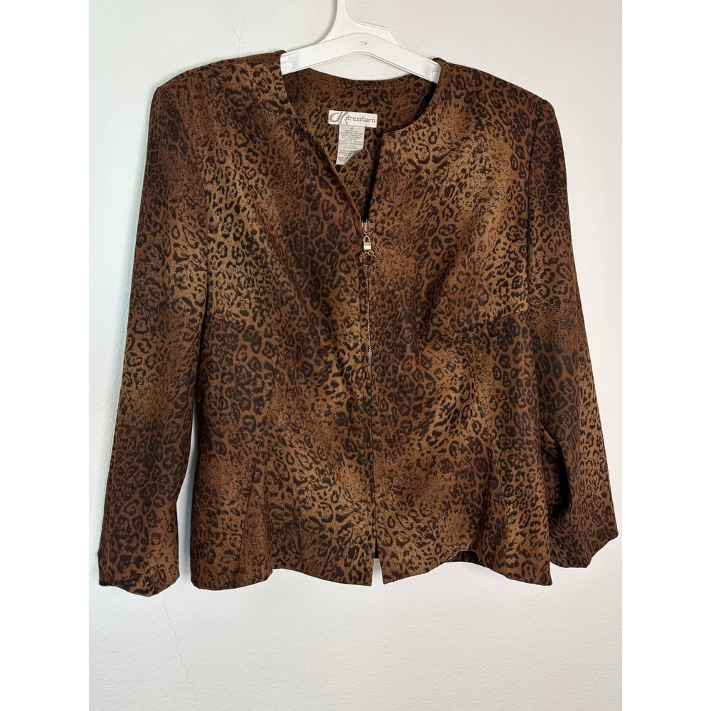Dressbarn Leopard Print Blazer Jacket Brown Animal Zip Front Collarless Size 16